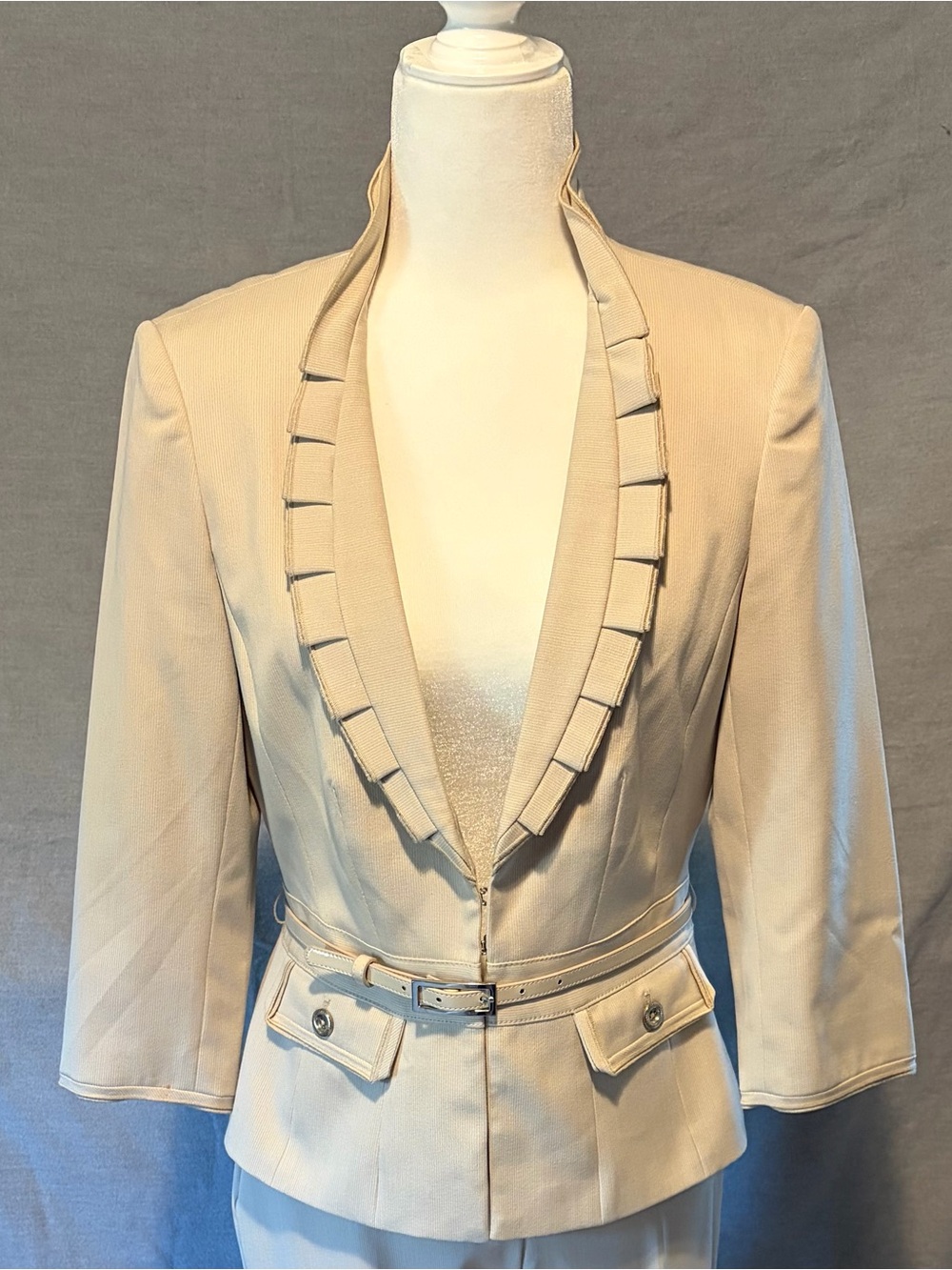 White House Black Market Women's Cream Tailored Ruffle-Trim Blazer